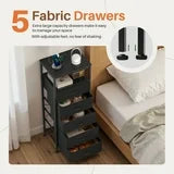 edx 5 Fabric Drawers Nightstand with Charging Station & USB/Type-C Ports and Outlets, Variable Light Strip Bedside End Table with Adjustable Feet for Bedroom, Black