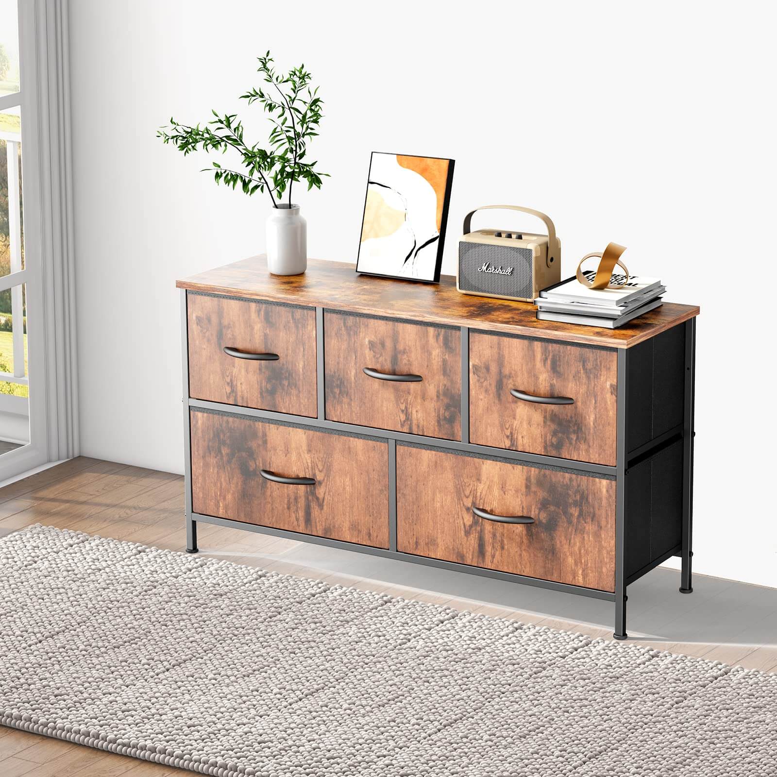 edx 38 in 5 Drawers Dresser Chest of Drawers,Metal Frame and Wood Top