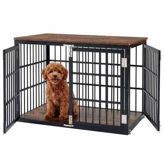 EDX Dog Crate Furniture for Small and Medium Dogs, Wooden Pet Kennel with Double Lock Door, Metal Frame, Indoor Home Decor