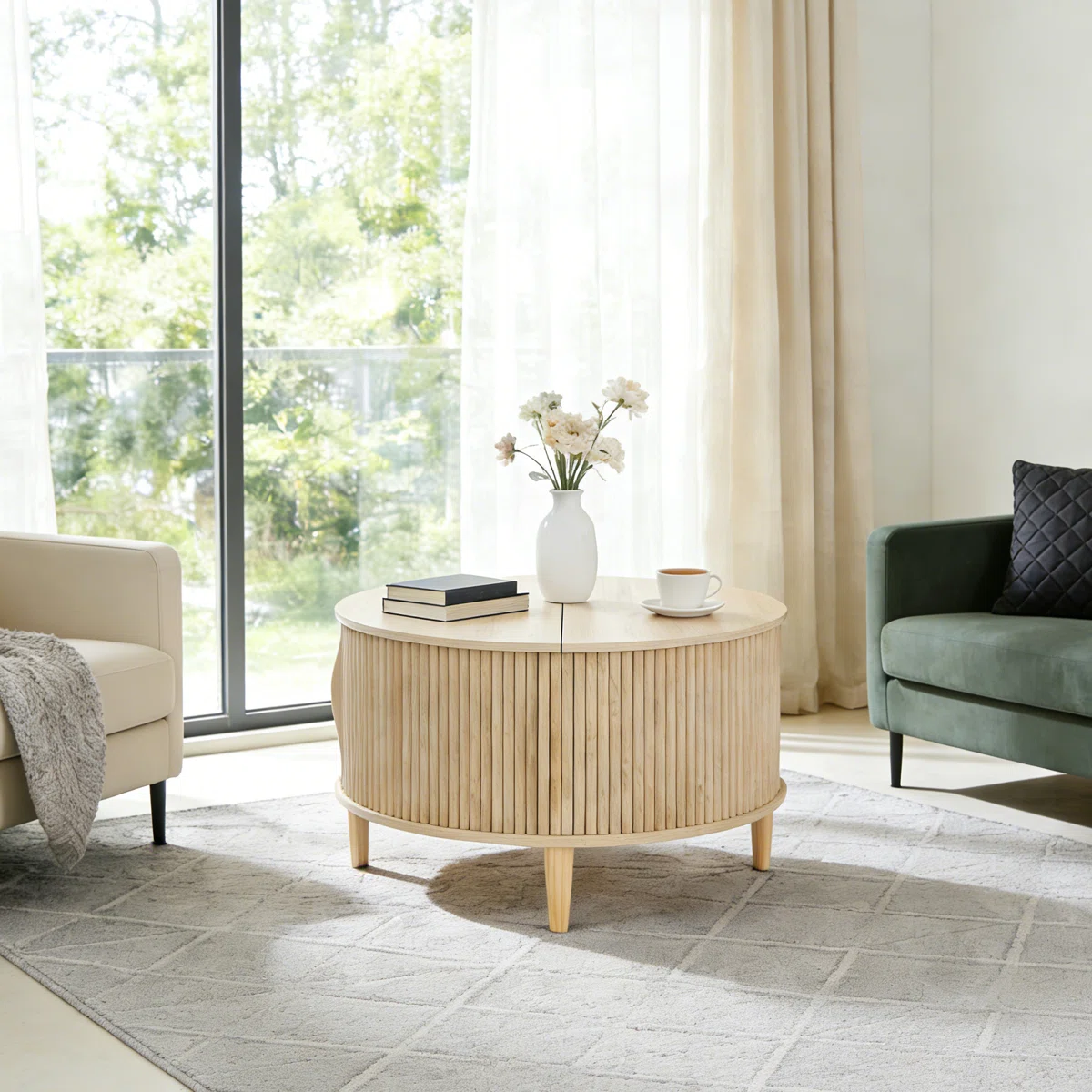 EDX Modern Round Coffee Table for Living Room, 31" Fluted Center Table with Sliding Doors Storage, Mid-Century Style for Small Spaces