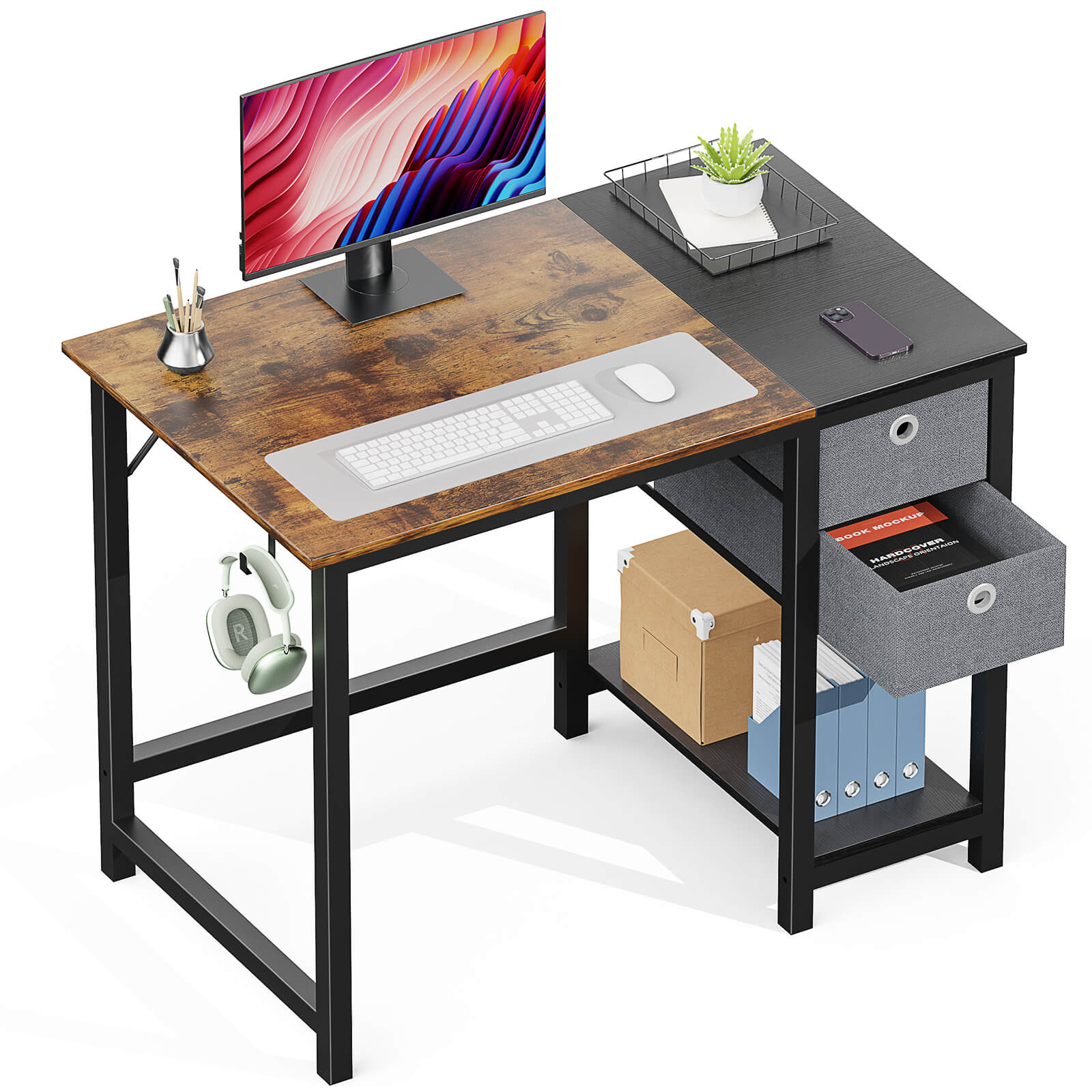 edx Computer Desk -40/47/55 inch Desk Study Desk with 2 Drawer Storage Shelf Headphone Hook for Bedroom, Game Room, Office, Living Room