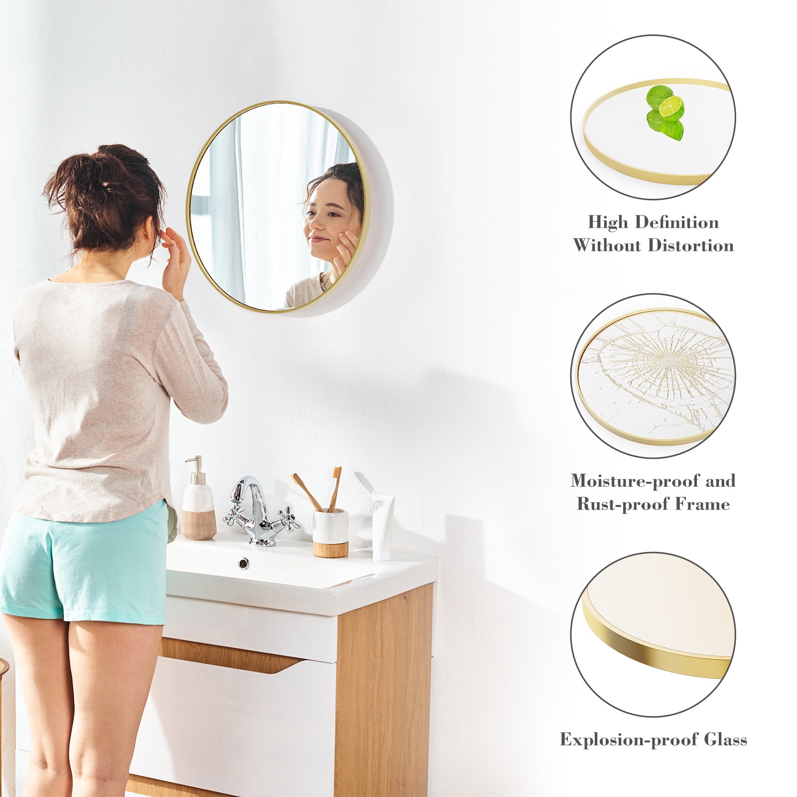 Round Wall Mirror, Aluminum Alloy Frame, Over Sink Circle Mirror Round Vanity Mirror for Bathroom Living Room Entryway Bedroom
