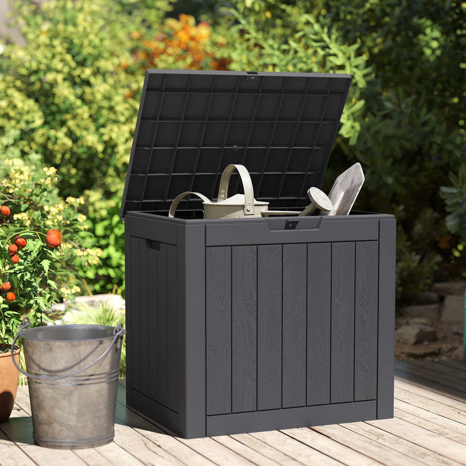30 Gallon Deck Box, Outdoor Storage Box, Waterproof Resin Storage Bin for Package Delivery, Patio Cushions, Gardening Tools, Lockable, UV Resistant