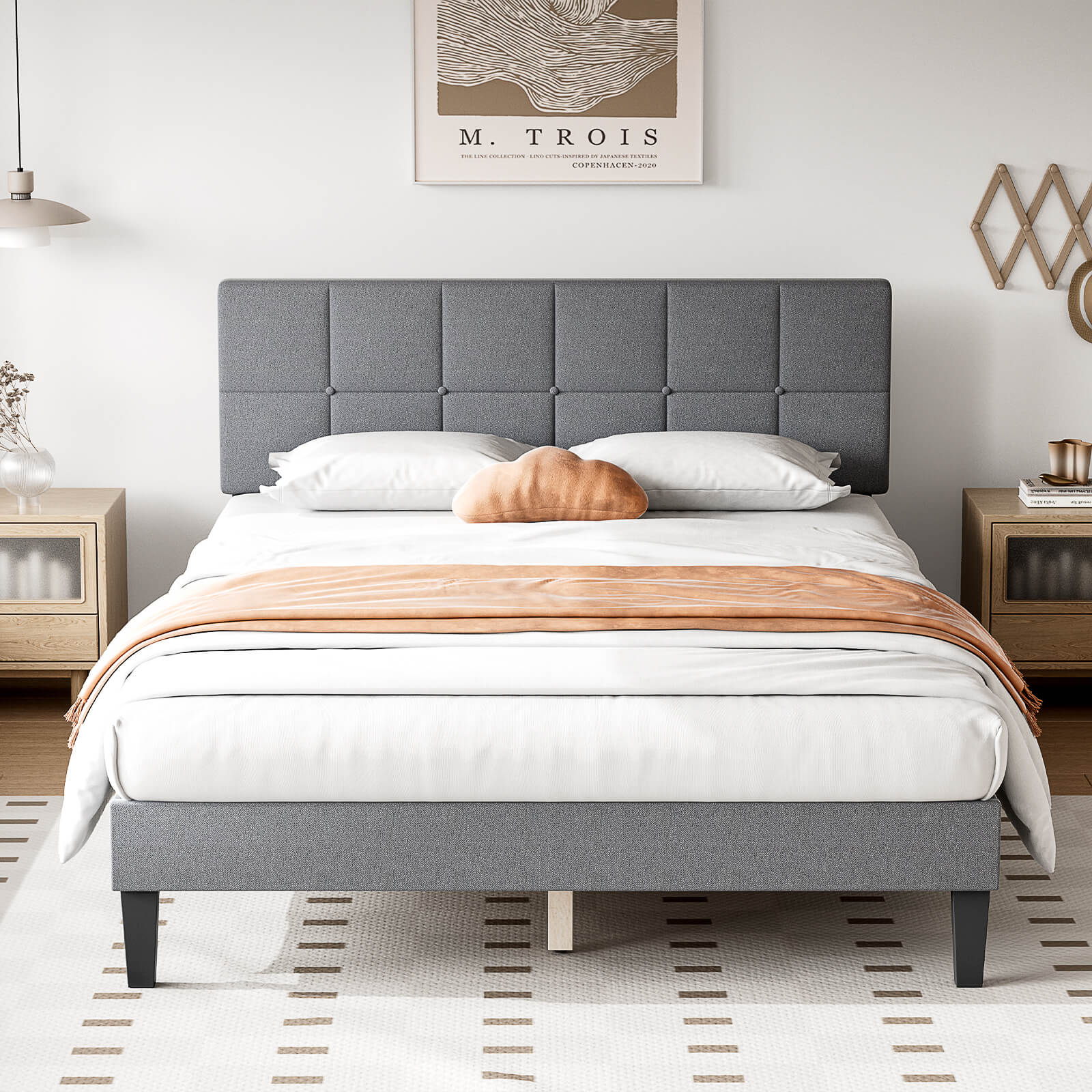 edx Platform Bed Frame with Headboard-No Box Spring Needed, Linen Upholstered Bed Frame with Wood Slats Support, Noise Free
