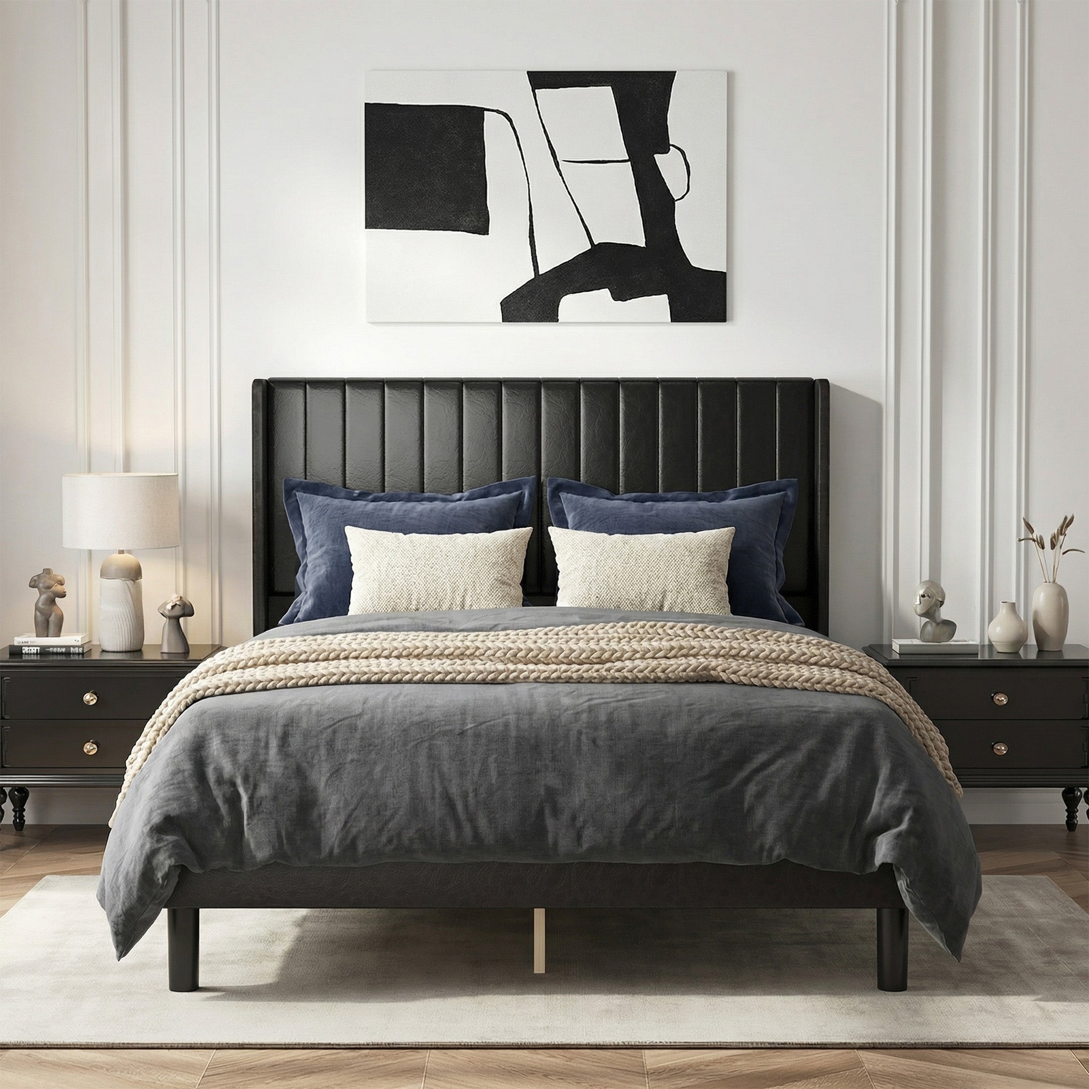 EDX Upholstered Platform Bed Frame with Padded Wingback Headboard, Modern Accent Bedroom Furniture