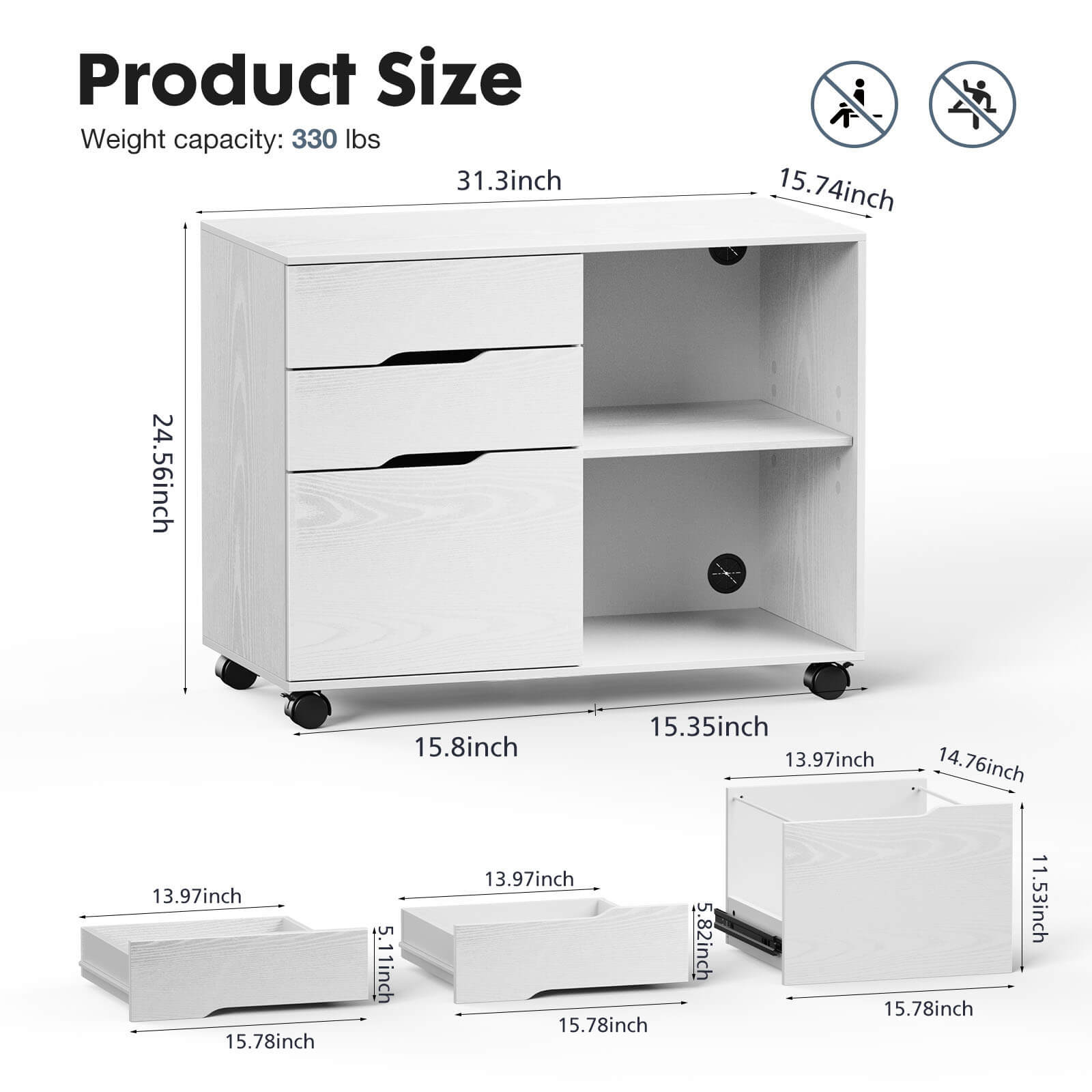 edx Lateral File Cabinet - with 3 Drawers, Rolling Wooden File Storage Drawer, Black Printer Stand Under Desk Organiser for Office, Home