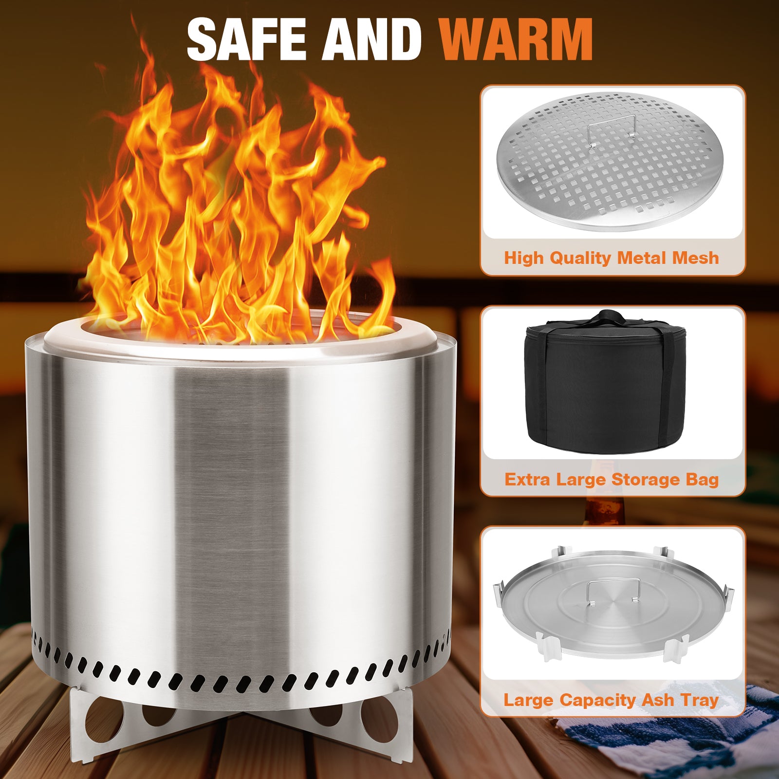 EDX 19" Smokeless Wood-Burning Fire Pit - Stainless Steel Outdoor Heater with Carry Bag, Silvery