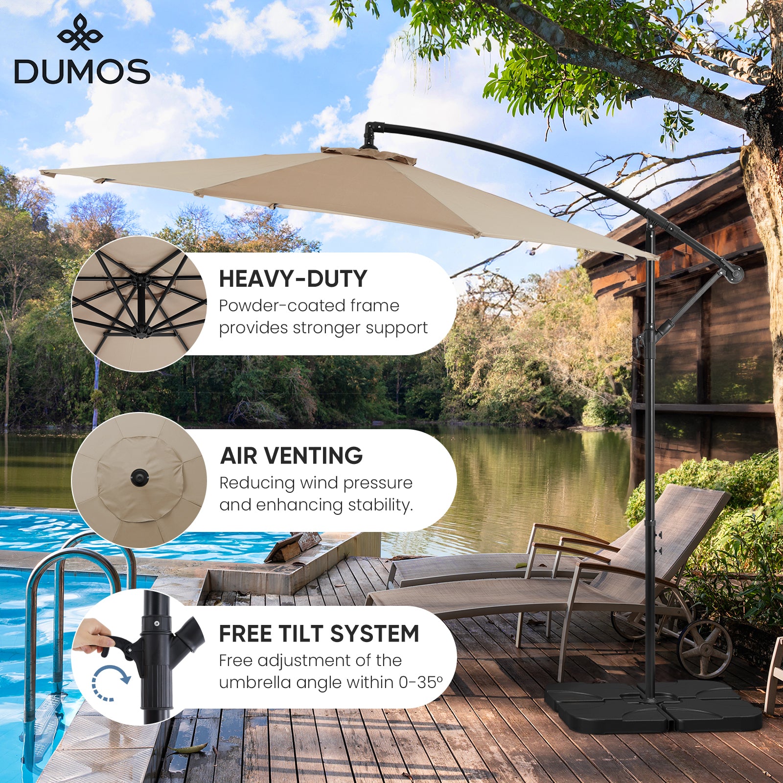 10FT Offset Cantilever Patio Umbrella with Easy Tilt & Crank, Self-Locking Design, 8 Robust Ribs for Outdoor Shade, Ideal for Decks and Gardens