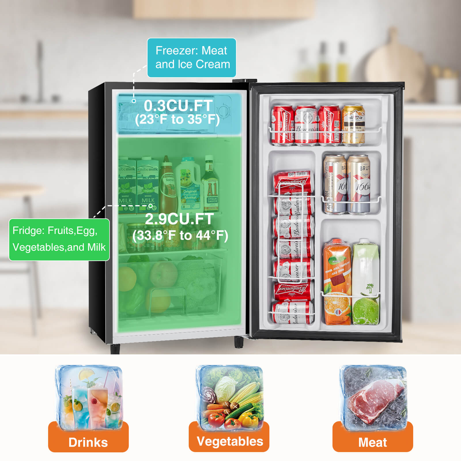 edx Mini Fridge with Freezer,3.2 Cu.Ft Small Refrigerator Single Door Adjustable Thermostat Energy-efficient Low Noise