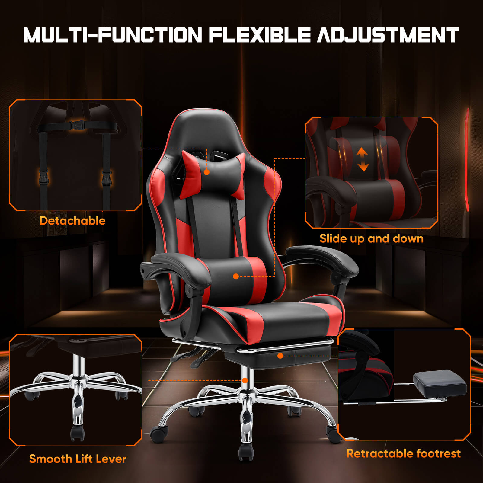 edx Gaming Chair Ergonomic Office Chair With Foot Rest, Big And Tall Executive Desk Chair With Lumbar Support, Padded Arms, Computer Chair For Home Office, Bedroom