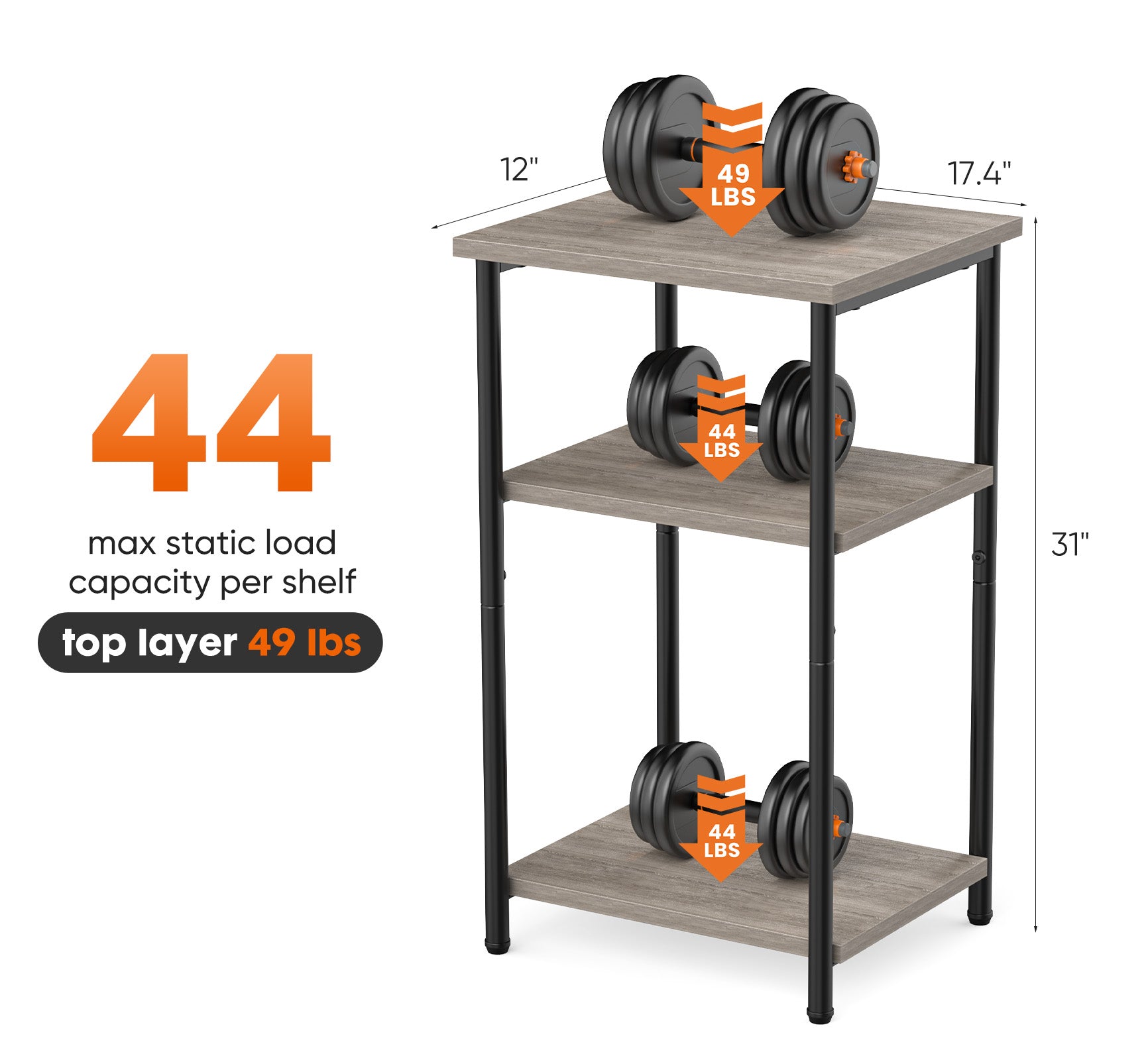 edx 3-Tier End Table, Nightstand, Storage Shelf for Living Room, Bedroom, Grey