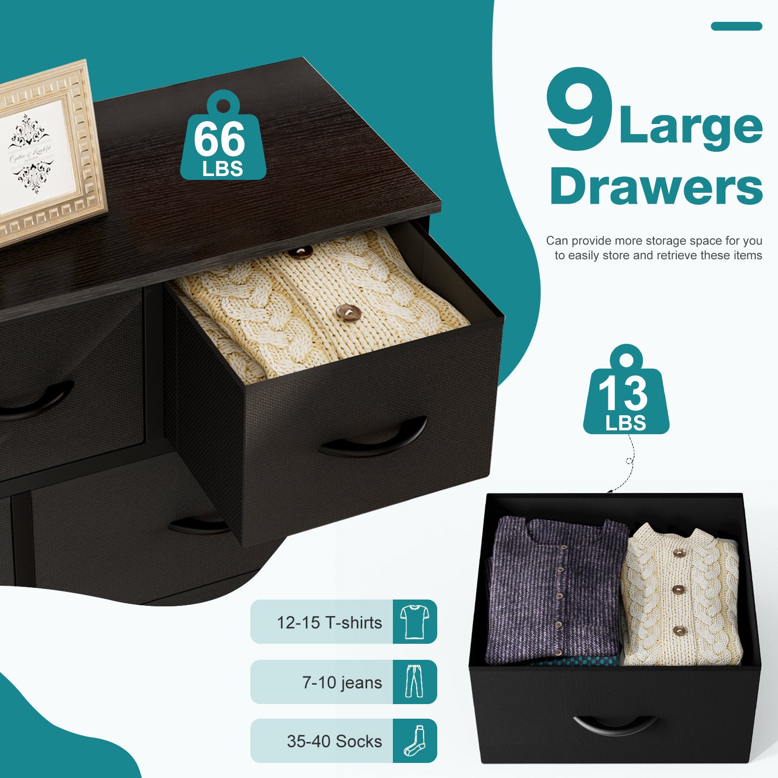 EDX 9 Drawer Dresser, Wide Chest of Drawers Nightstand Storage Tower Storage Fabric Dresser with Wood Top for Living Room, Bedroom, Hallway