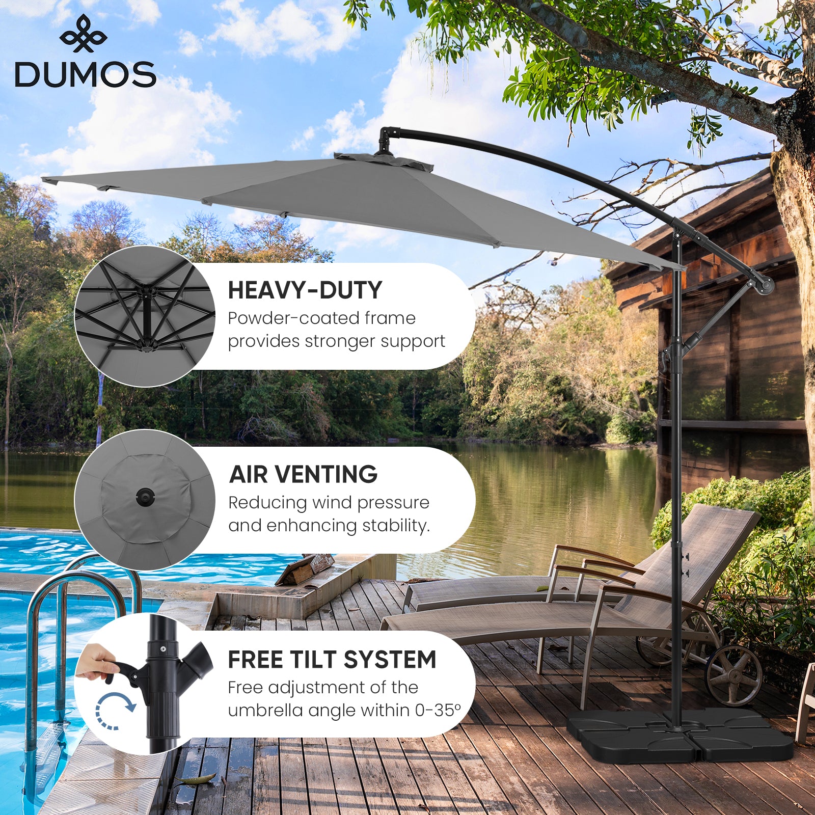 10FT Offset Cantilever Patio Umbrella with Easy Tilt & Crank, Self-Locking Design, 8 Robust Ribs for Outdoor Shade, Ideal for Decks and Gardens