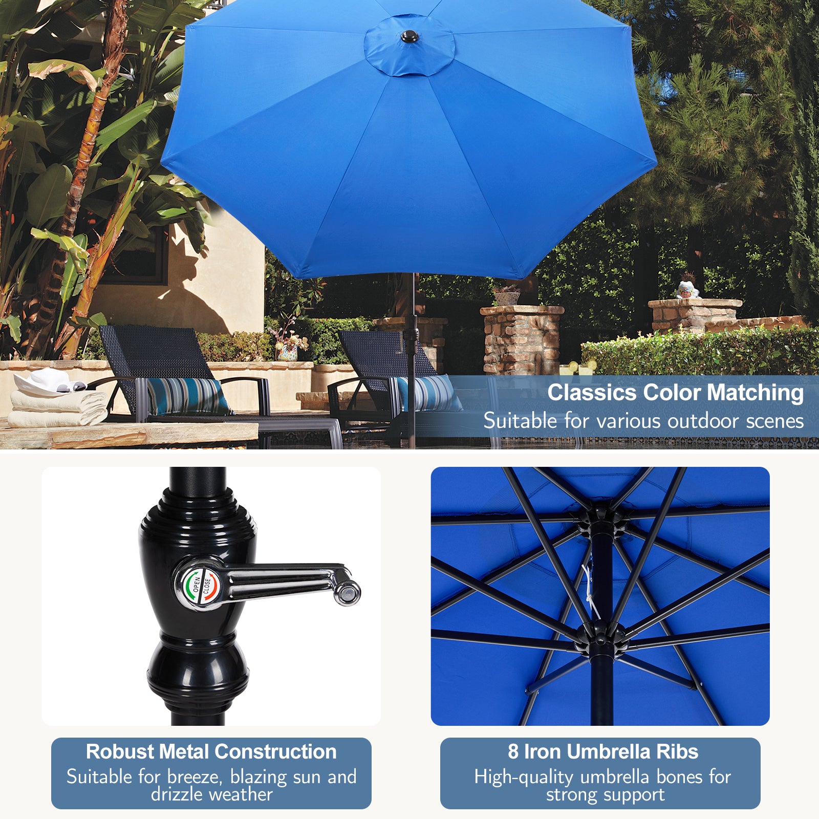 ZUNMOS 9FT Patio Umbrella with Push Button Tilt and Crank, with 8 Sturdy Ribs,Outdoor Umbrella, Pool Umbrella, for Market, Terrace, Beach, Outdoor Restaurant