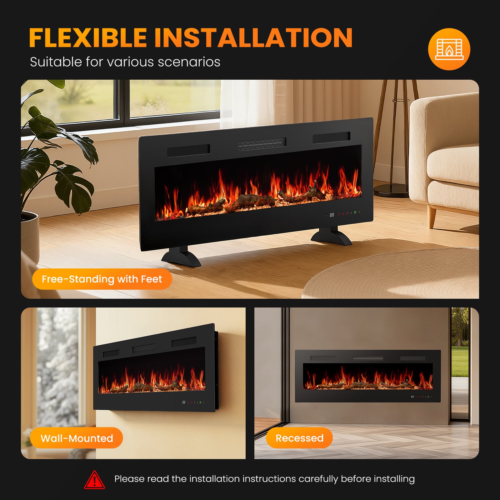 edx Electric Fireplace, 1500W, 13 Adjustable Flame Colors, 12-Hour Timer, Low-Noise Design, Supports Wall-Mounted/Freestanding/Built-In Installation