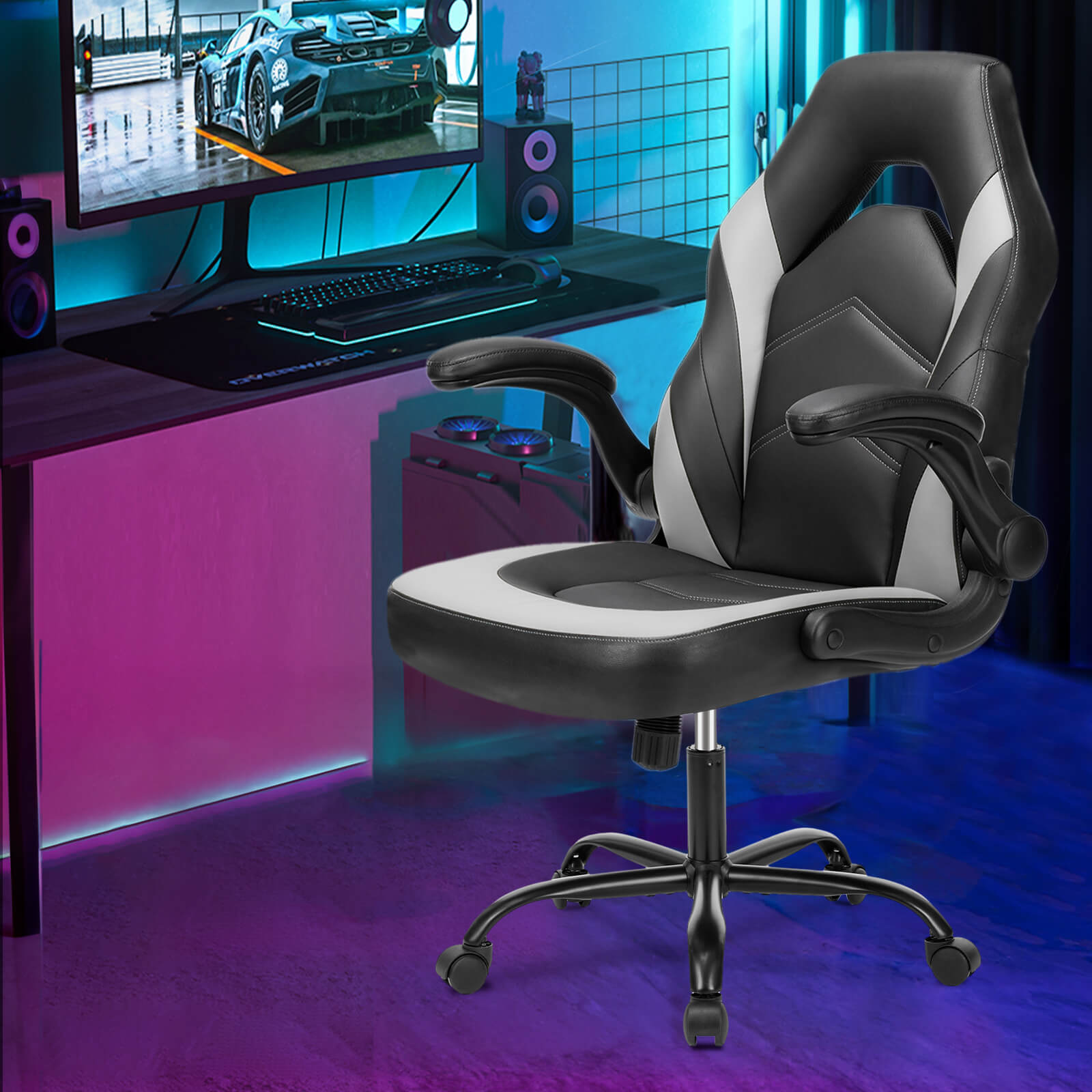 edx Ergonomic Leather Gaming Chair-Office Desk PU Leather Chair -up Armrests, Swivel Task Chair Adjustable Height for Adults Teens Kids