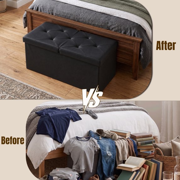EDX Folding Storage Ottoman Bench,Dual Flip-Top Storage Bench with Divider, Padded PVC Seat, Hidden Storage Ottoman for End of Bed, Bedroom, Living Room,Entryway