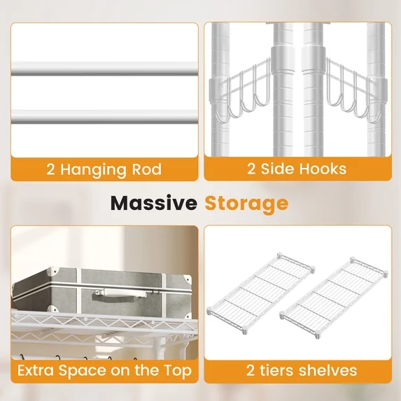 edx Clothes Rack, Heavy-Duty Garment Rack with Shelves & Wheels, Freestanding Wardrobe Organizer with Hooks, Ideal for Bedroom, Laundry, or Balcony