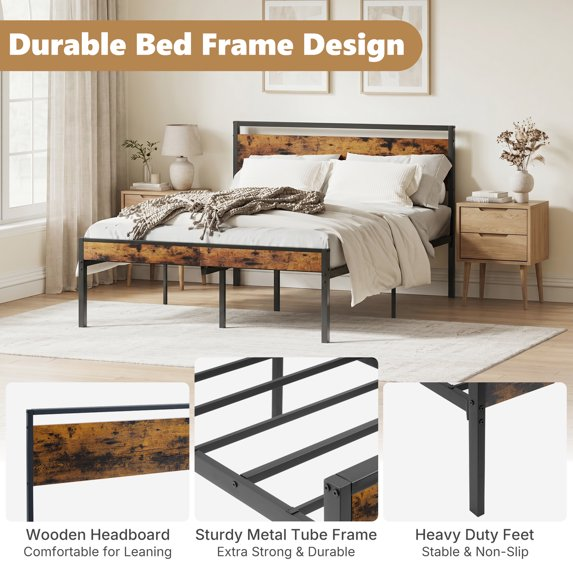 edx Bed Frame, Heavy Duty Metal Platform Bed with Wooden Headboard, 1000-LB Capacity, Under-Bed Storage, No Box Spring Needed