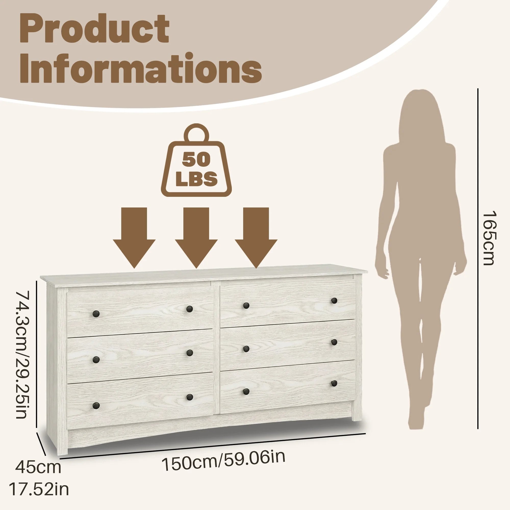 edx 59in Wood Dresser 6 Drawer, Brown Storage Cabinet, Vintage Dresser, Chest of Drawers for Bedroom and Living Room, White