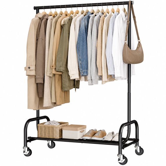 edx Clothes Rack with Wheels, 450 LBS Heavy Duty Clothing Rack for Hanging with Adjustable Height, Portable Rolling Garment Stand with Mesh Shelf and Extendable Rod for Bedroom Laundry