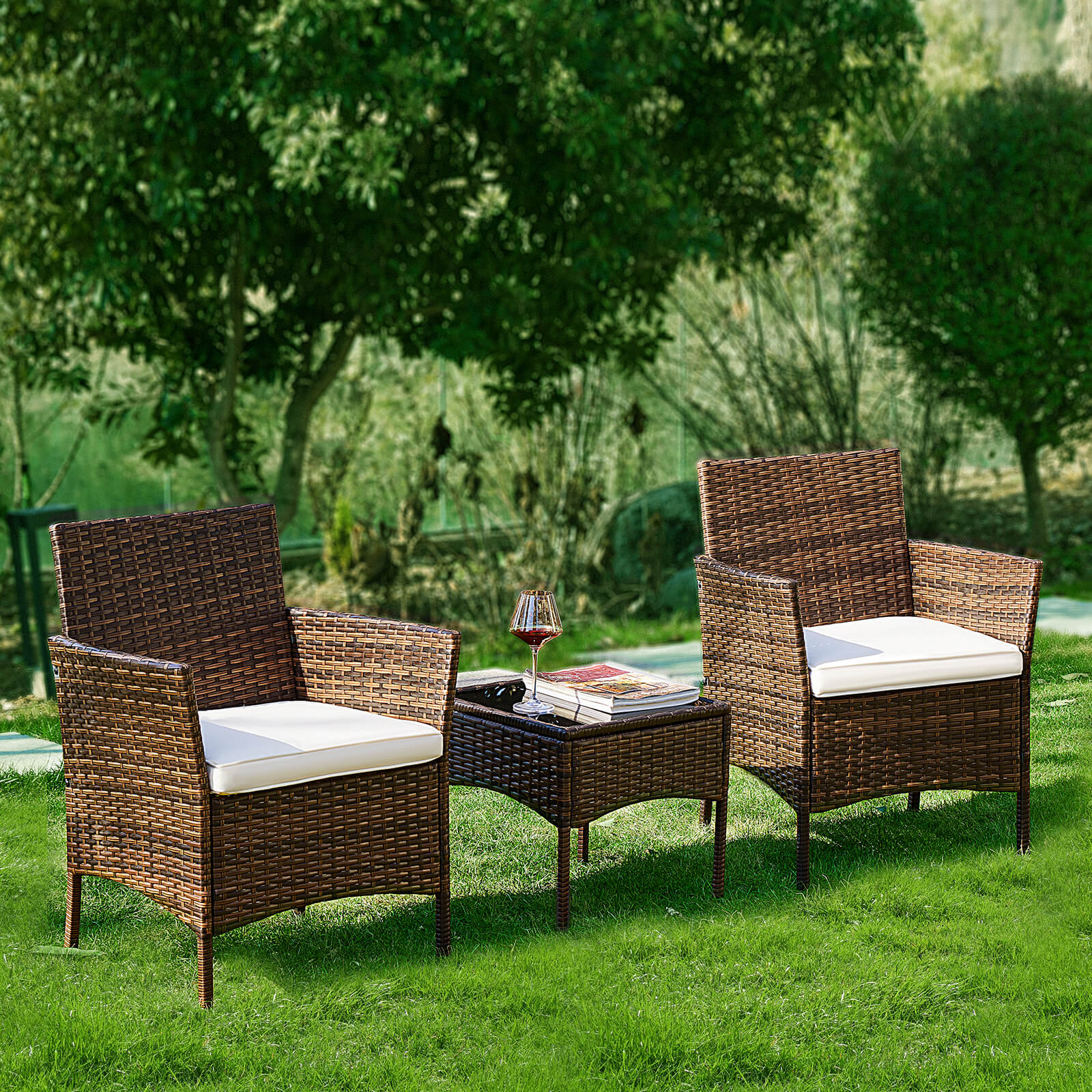 edx 3 Piece Patio Wicker Furniture Set , Patio Chair w/ Table w/ Cushions, Simple Modern Comfort