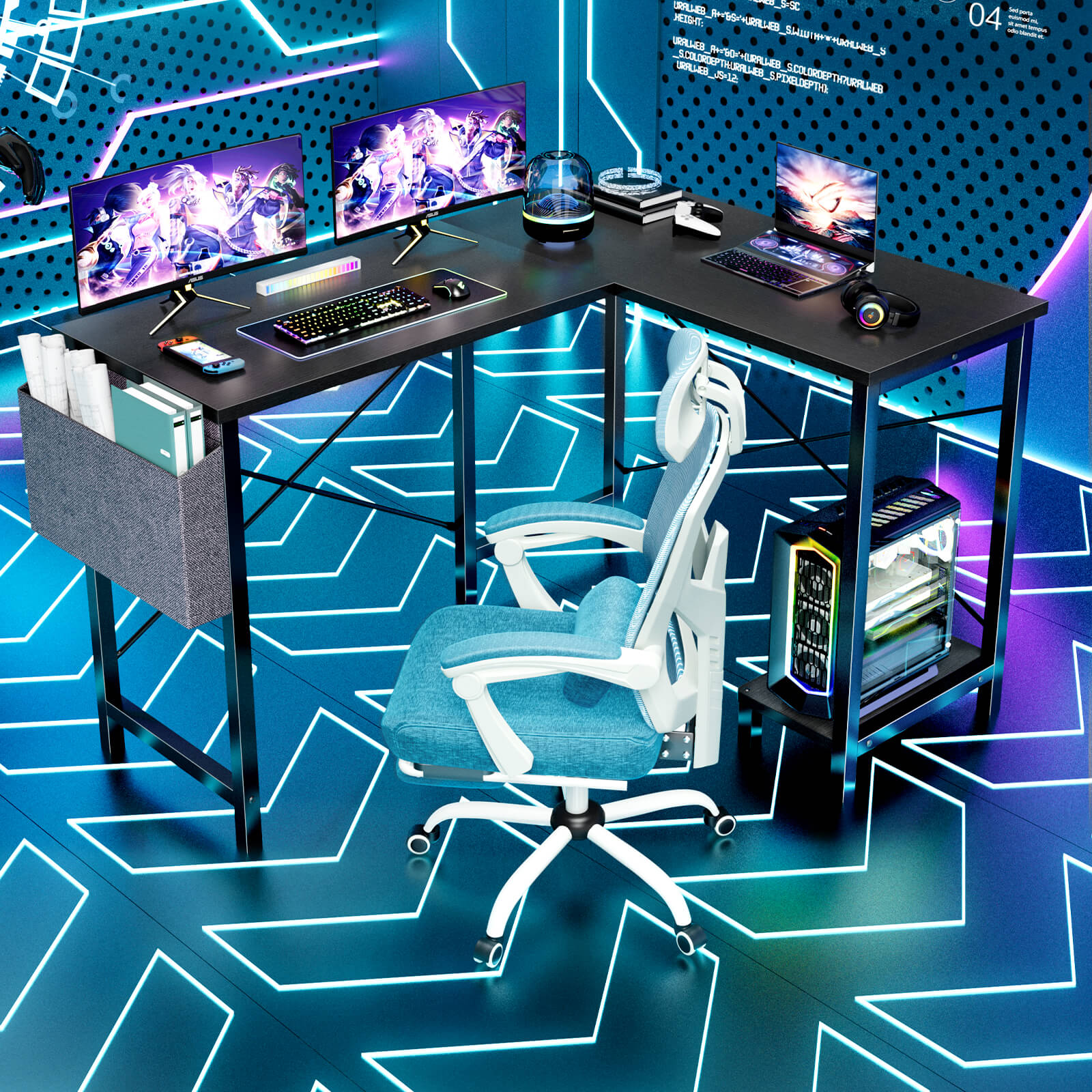 edx L-Shaped Computer Desk - 50" Corner Gaming Table with Console Shelf and Side Storage Pocket for Office, Bedroom, Living Room