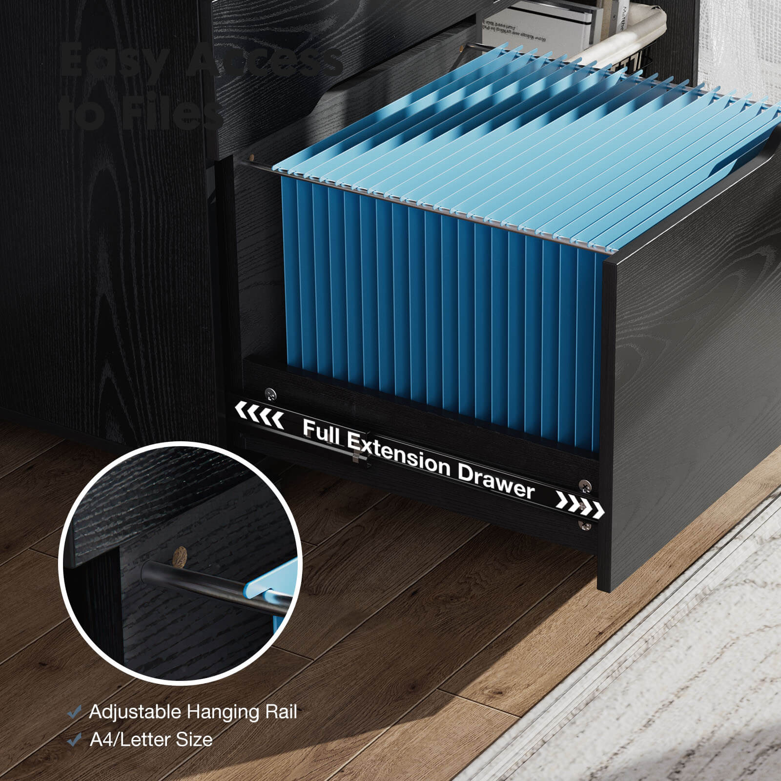 edx Lateral File Cabinet - with 3 Drawers, Rolling Wooden File Storage Drawer, Black Printer Stand Under Desk Organiser for Office, Home