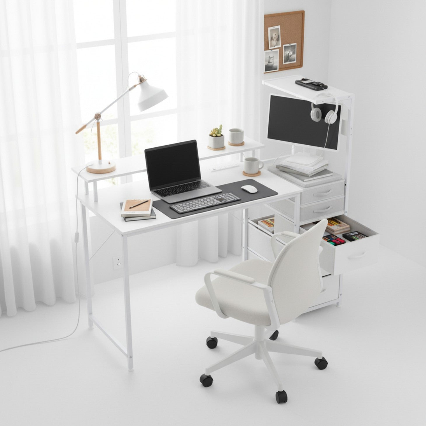 Edx Gaming Desk with Hutch & 3 Fabric Drawers, Computer Desk with USB Ports & LED Lights, Reversible Pc Gamer Table with Monitor Stand for Home Office