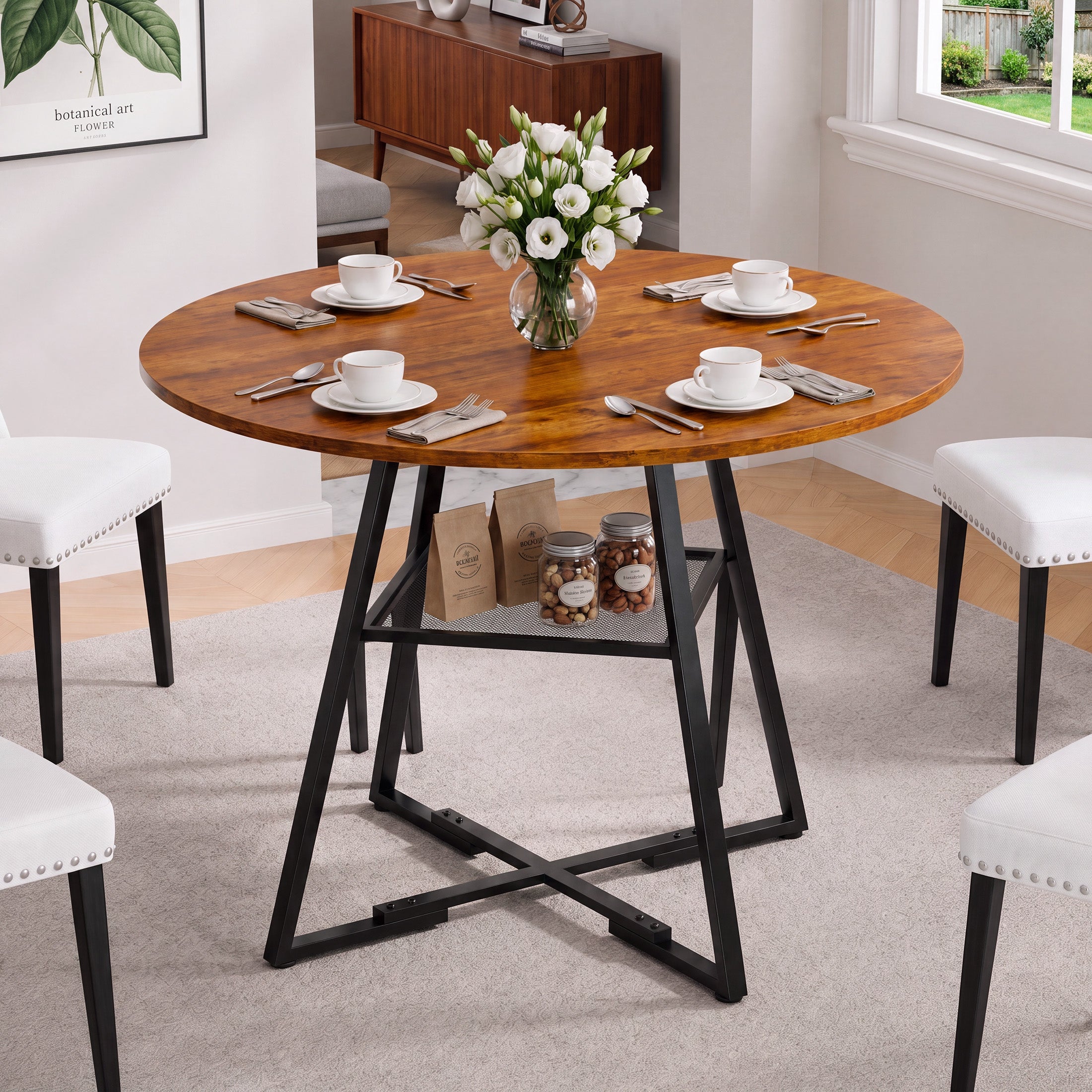 Round Dining Table for 4-6, Circle Kitchen Table with Pedestal Metal Frame Storage, Space Saving Farmhouse Wood Kitchen Table, for Kitchen, Living Room