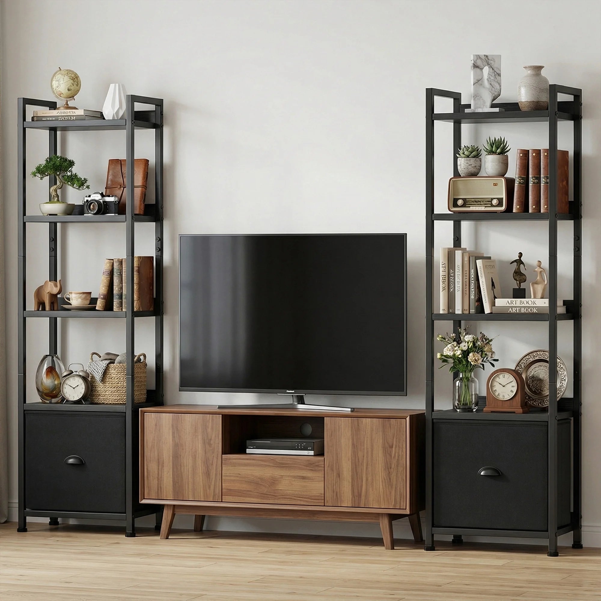 EDX Bookshelf with Drawer, Narrow Bookcase with Shelves, Industrial Display Standing Shelf Unit for Bedroom, Living Room