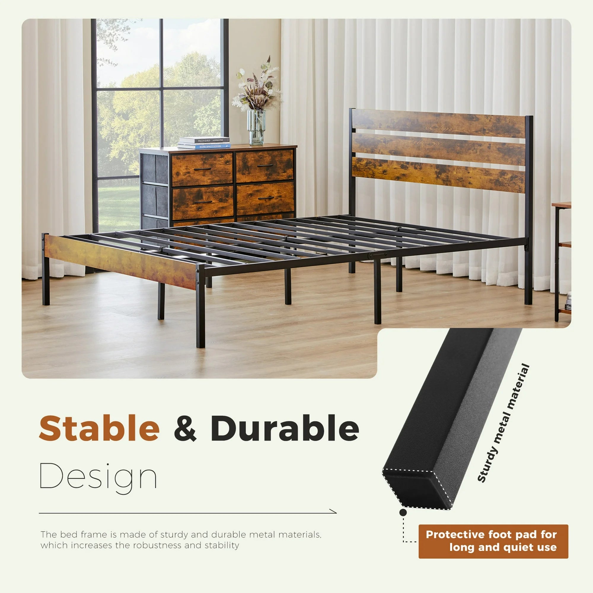edx Twin Size Metal Bed Frame with Wooden Headboard, Under Bed Storage, Noise-Free, No Box Spring Needed, Easy Assembly, Brown