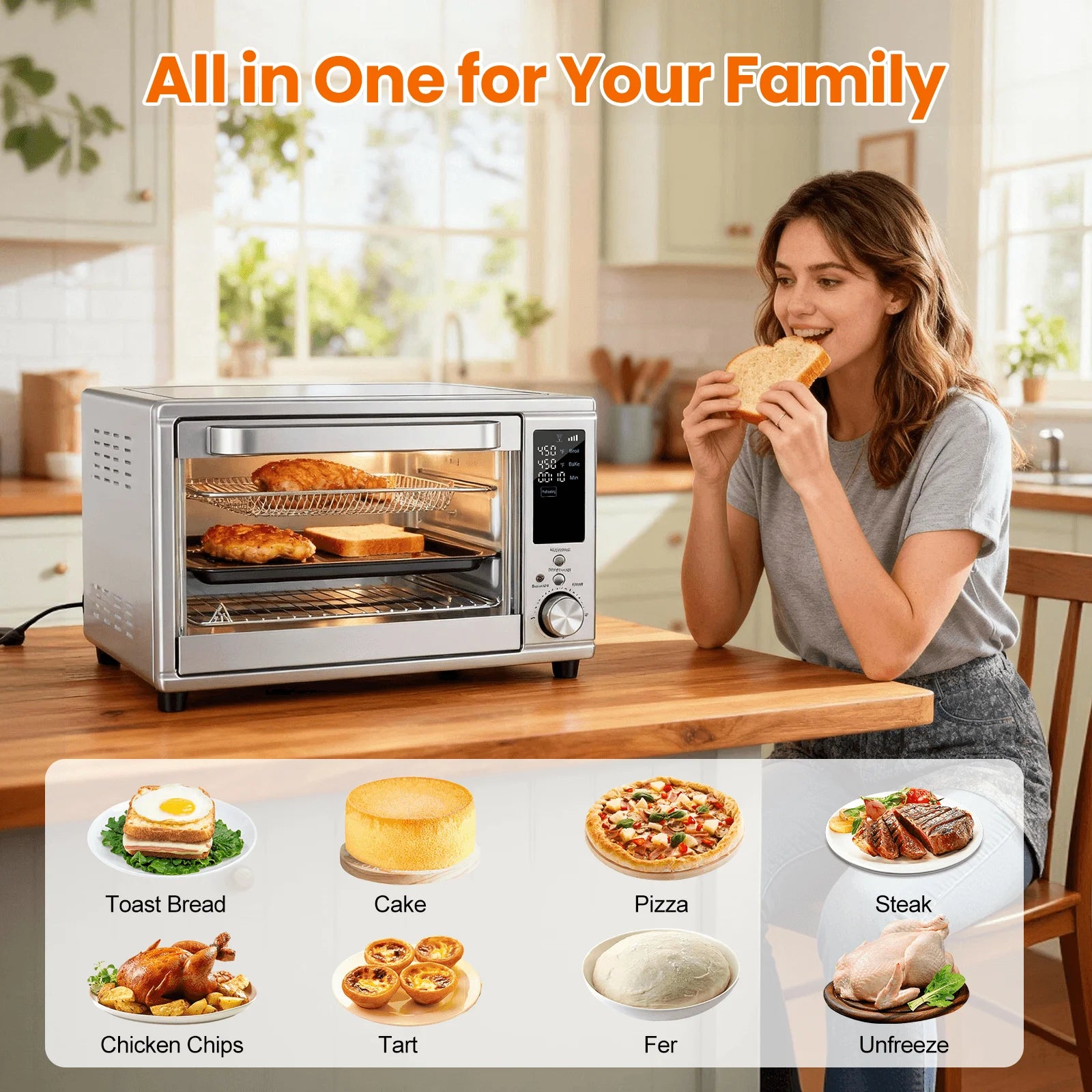 EDX 28L Silver Single-Door Air Fryer Oven, 4-in-1 Functions, 120V, 0-60min Timer, Free Tray & Rack & Tongs, Household Kitchen Use