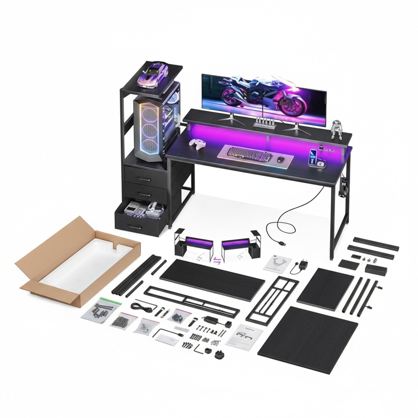 Edx Gaming Desk with Hutch & 3 Fabric Drawers, Computer Desk with USB Ports & LED Lights, Reversible Pc Gamer Table with Monitor Stand for Home Office