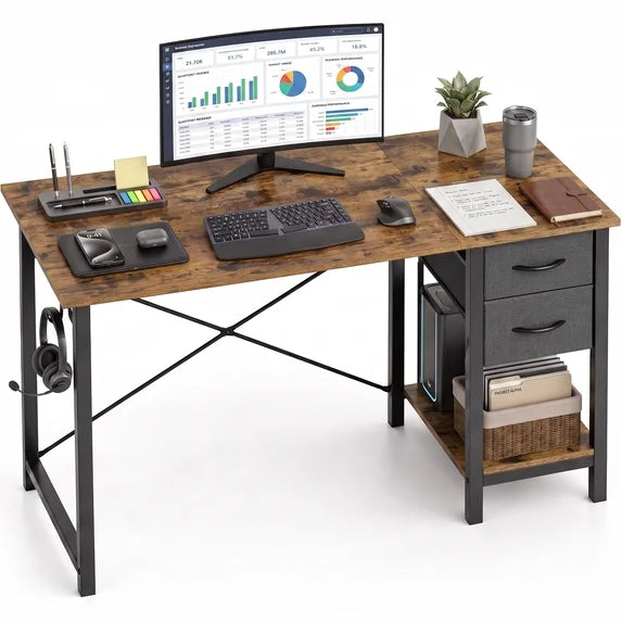 EDX Computer Desk with 2 Drawers PC Table Study Writing Desk with Storage Shelf Headphone Hook, Simple Style Small Desk for Home