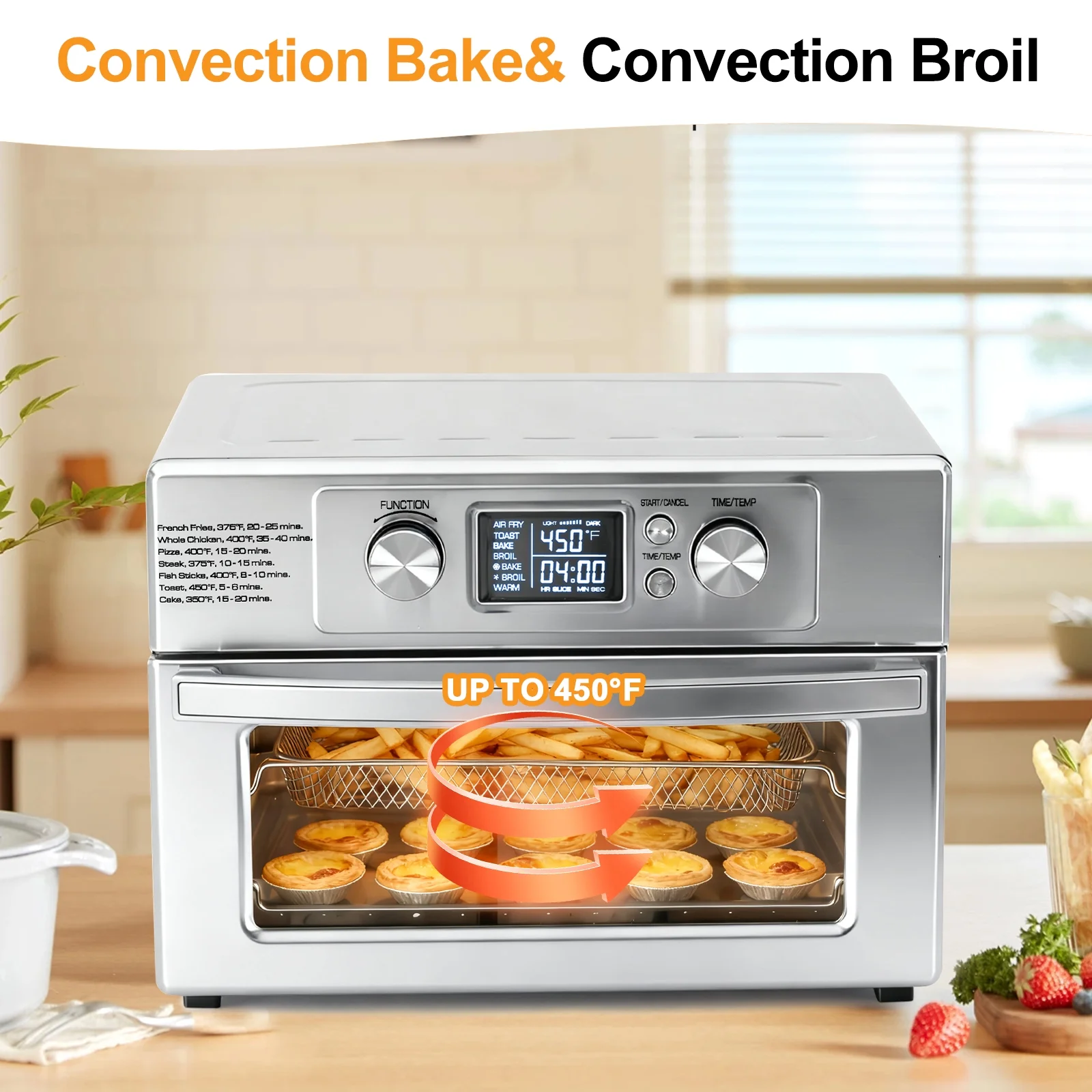 EDX 22L 1800W Electric Air Fryer Oven, 120V, 6 Stainless Steel Heating Elements, 450°F, 60-Minute Timer Control