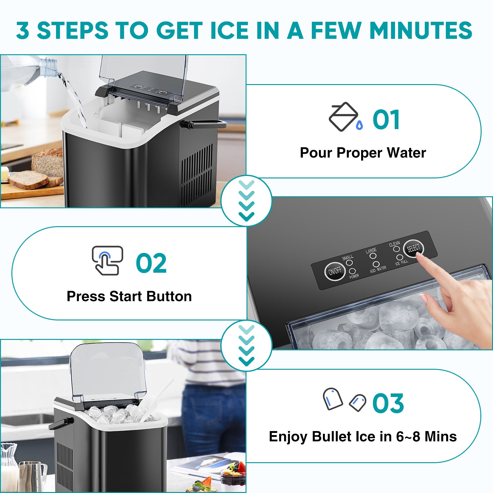 Countertop Ice Maker: 9 Cubes in 6 Minutes, 24lbs in 24 Hours, Dual Sizes, with Scoop & Basket