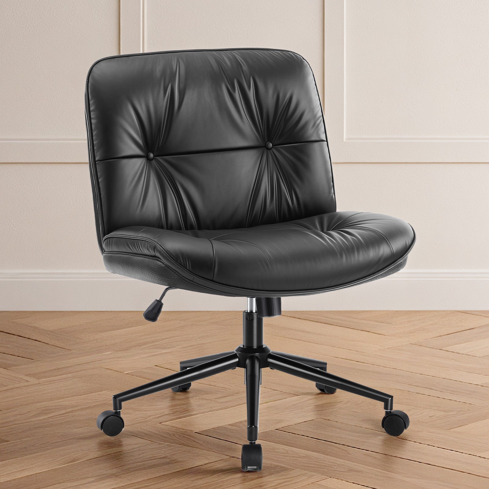 ZUNMOS Armless Office Chair without Wheels, Wide Ergonomic Artificial Leather Swivel Chair with Height Adjustable, Comfortable Computer Accent Chair for Living or Bed Room