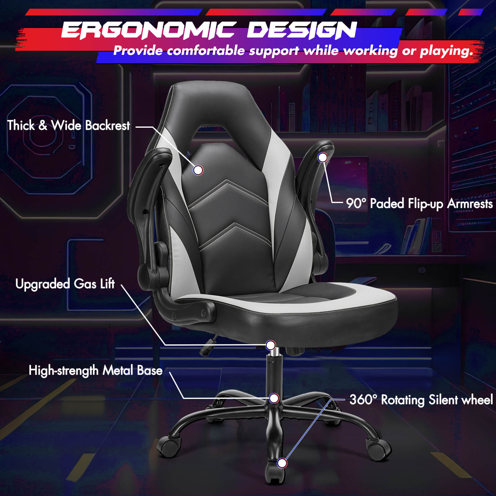 edx Ergonomic Leather Gaming Chair-Office Desk PU Leather Chair -up Armrests, Swivel Task Chair Adjustable Height for Adults Teens Kids
