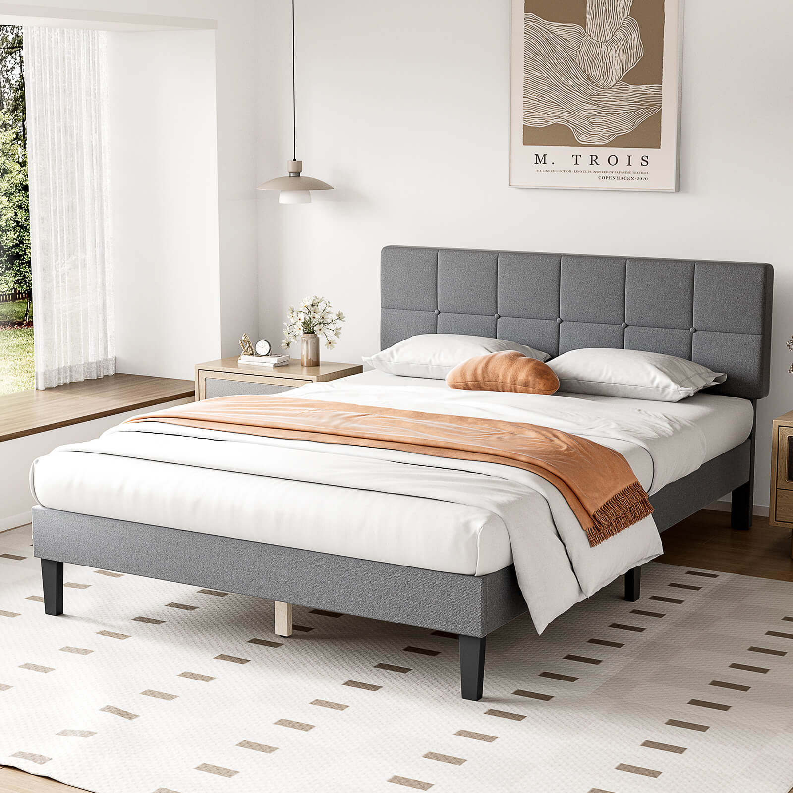 edx Platform Bed Frame with Headboard-No Box Spring Needed, Linen Upholstered Bed Frame with Wood Slats Support, Noise Free
