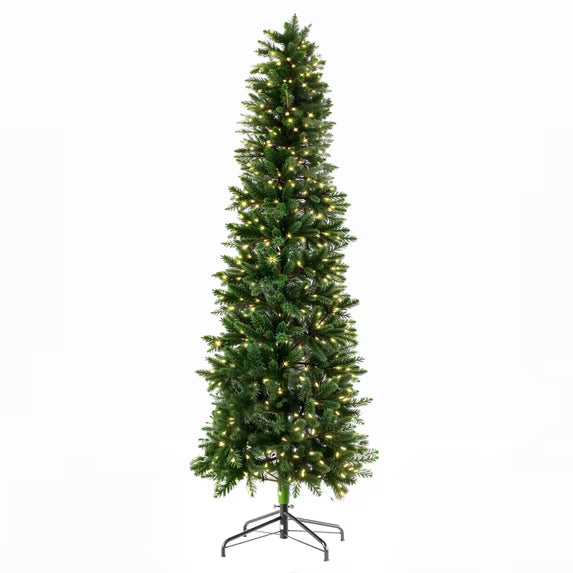 edx Pre-lit Snow Flocked Pencil Christmas Tree, Prelighted Artificial Slim Christmas Trees, With LED Lights, Branch Tips & Foldable Base, For Home, Office, Party Decoration