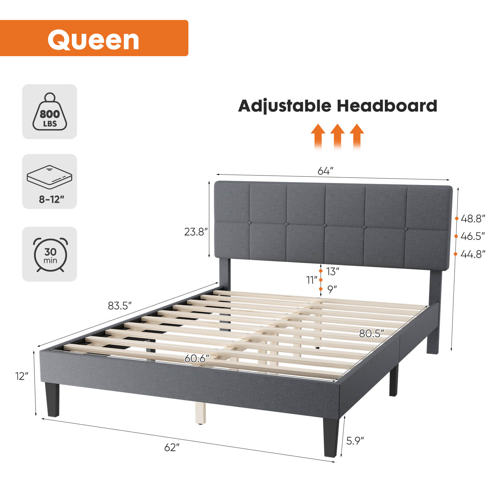 edx Platform Bed Frame with Headboard-No Box Spring Needed, Linen Upholstered Bed Frame with Wood Slats Support, Noise Free
