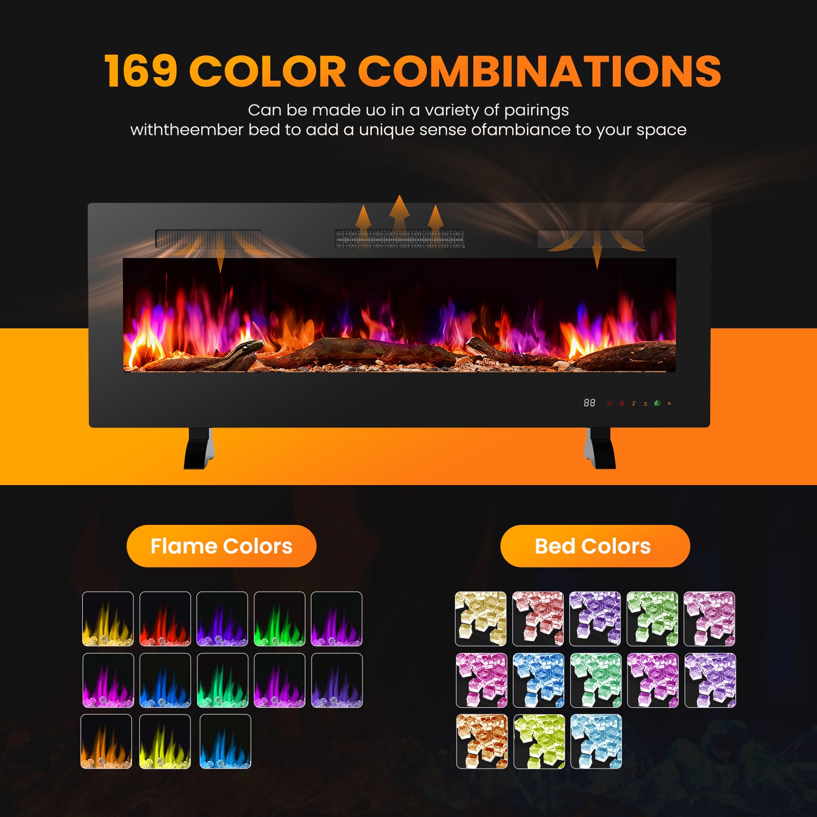 edx Electric Fireplace, 1500W, 13 Adjustable Flame Colors, 12-Hour Timer, Low-Noise Design, Supports Wall-Mounted/Freestanding/Built-In Installation
