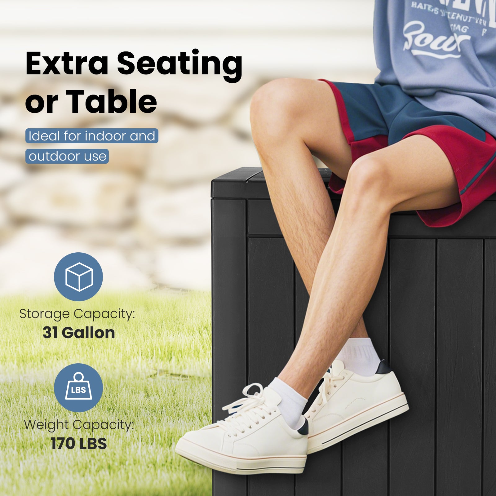 30 Gallon Deck Box, Outdoor Storage Box, Waterproof Resin Storage Bin for Package Delivery, Patio Cushions, Gardening Tools, Lockable, UV Resistant