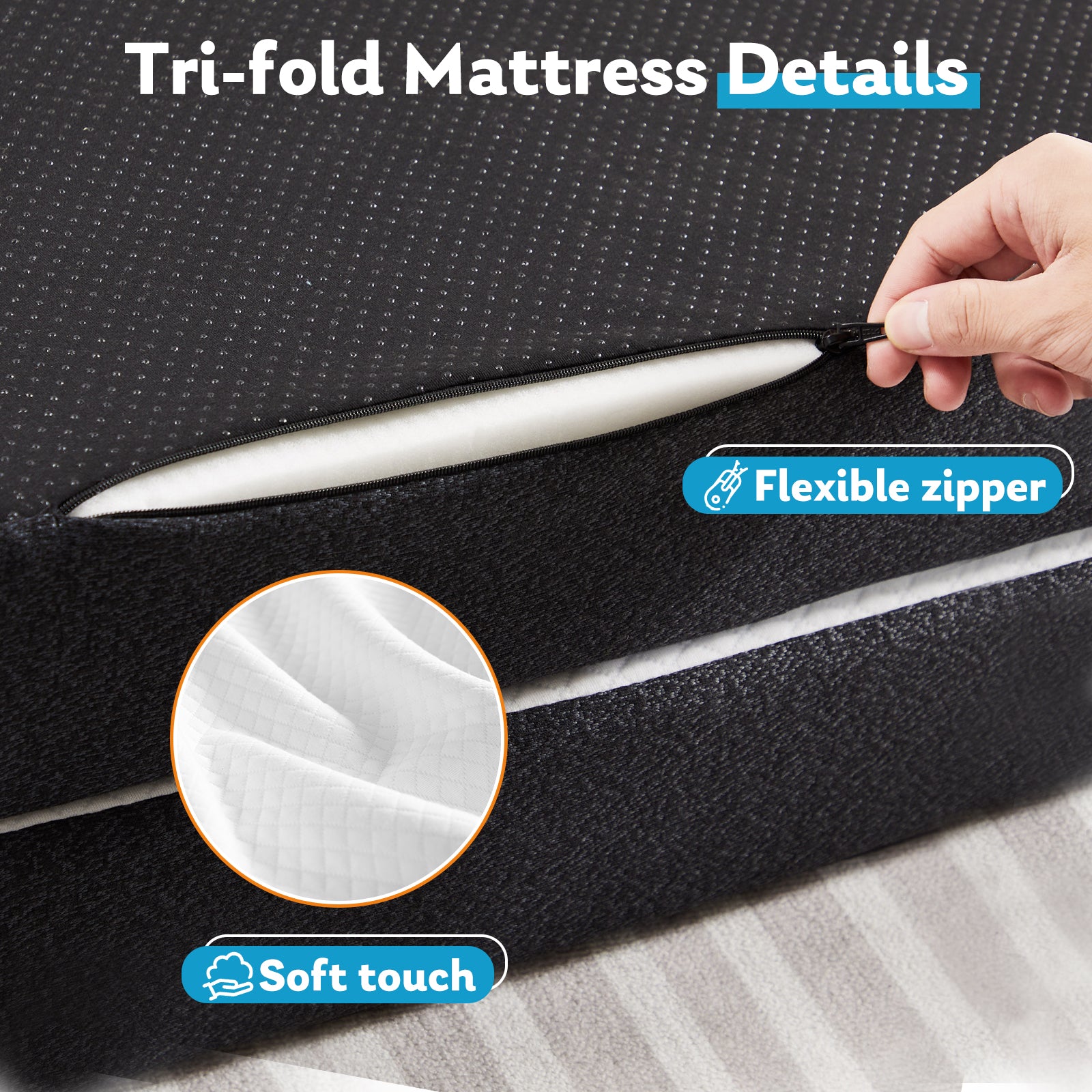 Folding Mattress, 3 inch Tri-fold Memory Foam Mattress Topper for Camping, Foldable Mattress Topper with Washable Cover, Guest, Twin Size, White