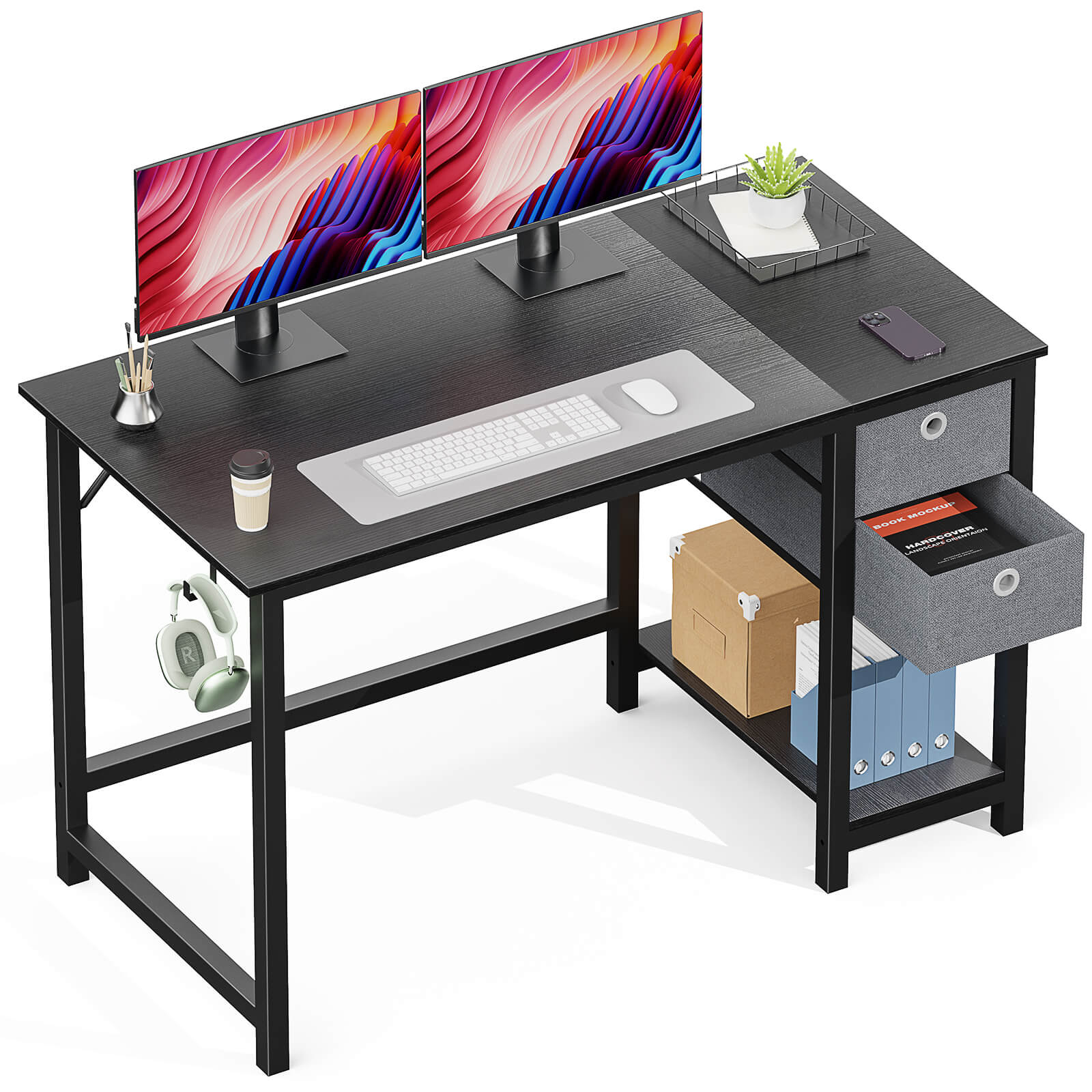 edx Computer Desk -40/47/55 inch Desk Study Desk with 2 Drawer Storage Shelf Headphone Hook for Bedroom, Game Room, Office, Living Room