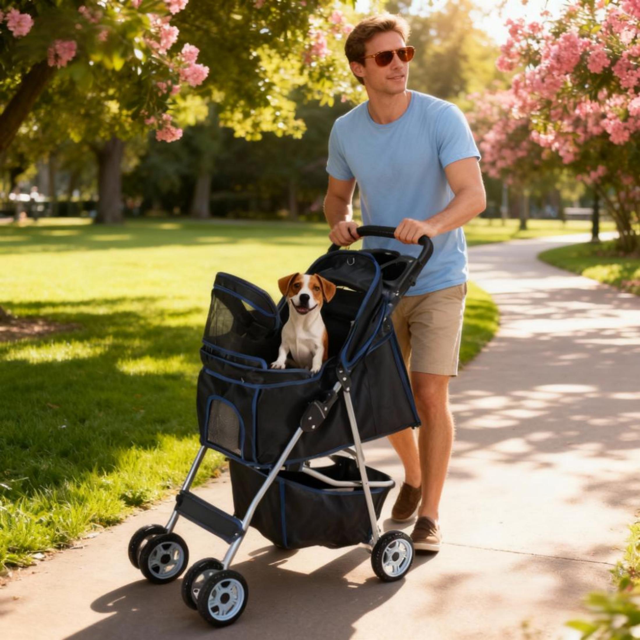 edx 4 Wheels Pet Stroller, Dog and Cat Strollers, With Storage Basket and Cup Holder, Lightweight Travel Carrier, Breathable Mesh, Waterproof and Foldable for Small Pets Outdoor Walk, Black