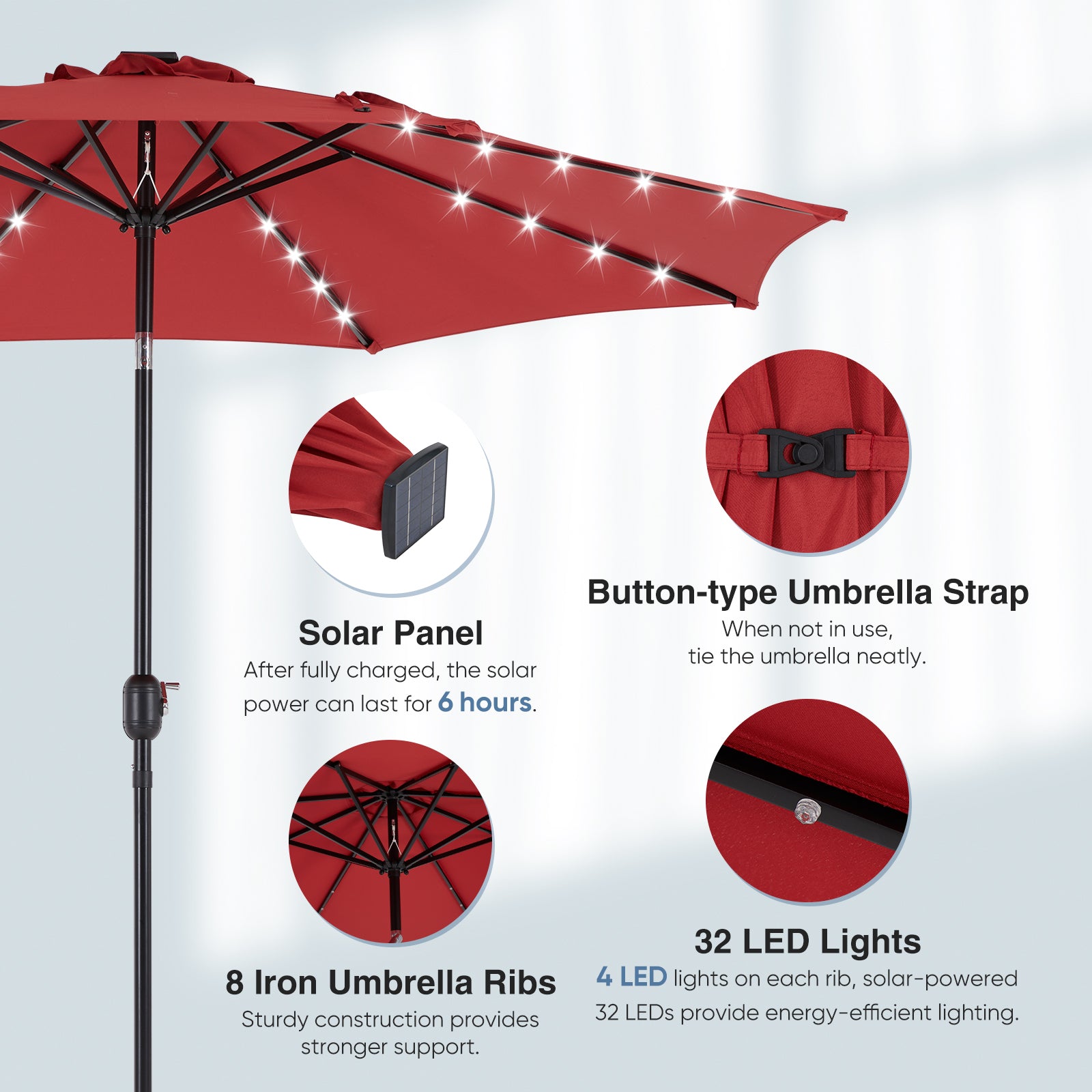 edx 10ft Solar 32 LED Lights Patio Umbrella with Tilt Adjustment and UV-Resistant Polyester Fabric???Market Umbrella for Outdoor