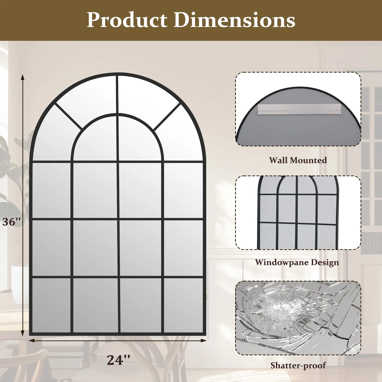 EDX Arched Windowpane Mirror, Wall Decor Art Mirror for Livingroom Bathroom Entryway, Black