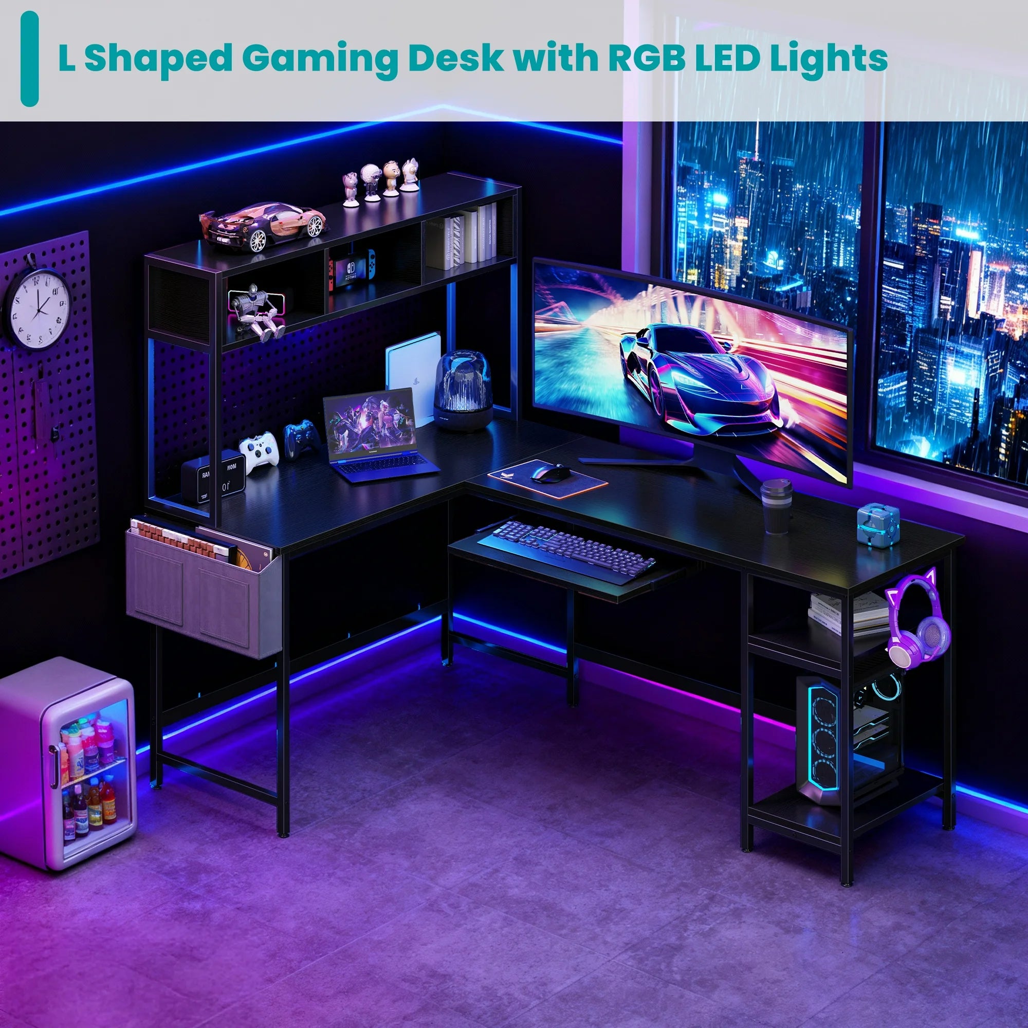 EDX 67‘’ L Shaped Computer Desk with LED Light & Power Outlet, Reversible Table with Shelf & Storage Bag & Keyboard Tray for Home Office, Corner Desk